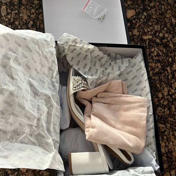 BadgleyMischka Clara Ankle Strap Pearl Jeweled Embellished Satin Dress Sandals - Picture 4 of 4